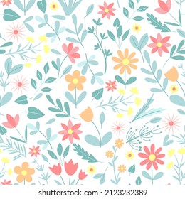 Spring cute wild flowers seamless pattern. Background with greenery and flowering. Botanical herbal template for fabric, packaging and paper vector illustration