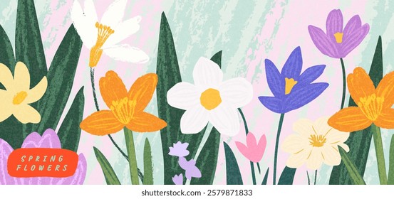 Spring cutest card or poster for the spring holiday with wildflowers, Narcissus flower, Crocus flowers. Hand drawn Floral art template for Womens Day March 8, Easter, birthday and Mothers Day