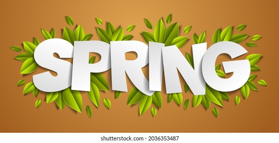 Spring Cutout Word With Fresh Green Leaves Vector Modern Style Cartoon Paper Cut 3d Illustration.