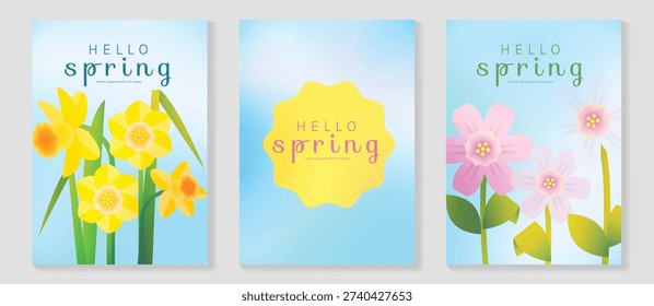 Spring daffodil and cherryblossom flowers vector poster illustration with yellow blue pink colors. Modern decorative design for greeting cards, wall art, covers, and seasonal templates.