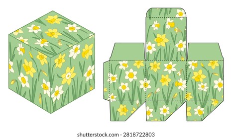 Spring daffodil flower pattern box with flat assembly dieline.