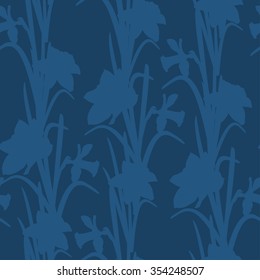 Spring daffodil flowers outline seamless pattern. Lighter blue outline on dark indigo blue background.