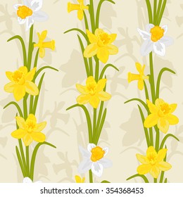 Spring daffodil flowers seamless pattern. Yellow and white narcissus on beige background. Detailed vector illustration.