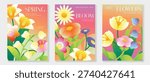 Spring daffodil and tulip flowers vector poster illustration with coral lavender green colors. Modern decorative design for greeting cards, wall art, covers, and seasonal templates.