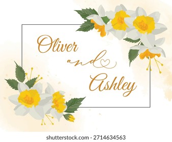 Moldura floral amarela do narciso de primavera para o design de flores de casamento no estilo de ilustração plano limpo perfeito para convites românticos elegantes