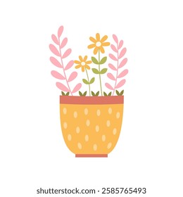 Spring Daisy Flowers Pot. Colorful summer floral. Cute flat illustration