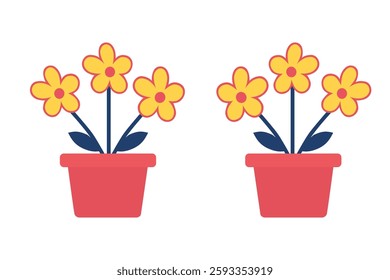 Spring daisy flowers in pots. Vector illustration Vibrant Yellow Flower Pot Joy Buttercup icon. Pink and yellow flower in green pot vector illustration design