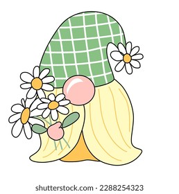 Spring daisy gnome with daisy in cute freehand drawn cartoon