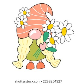 Spring daisy gnome with daisy in cute freehand drawn cartoon