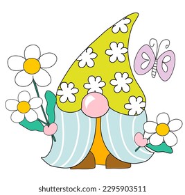 Spring daisy gnome with daisy in cute freehand drawn