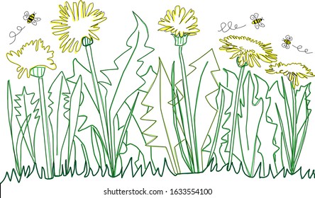 spring dandelions blooming with leaves and bees vector design