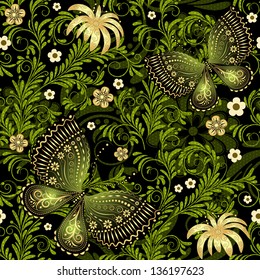 Spring dark and green seamless pattern with gold flowers and butterflies and translucent dots (vector EPS 10)