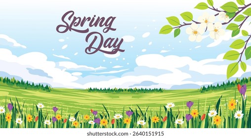 "Spring Day" banner above a vibrant field of flowers under a cloudy sky.