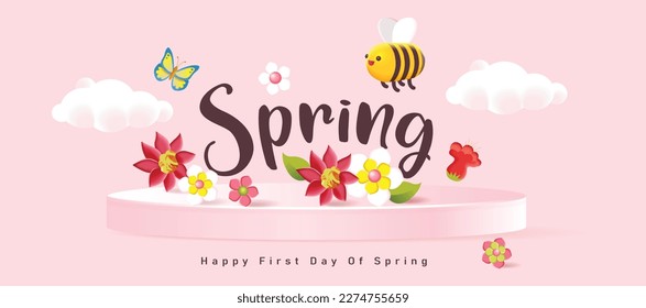 Spring day banner background with colorful flower, bee, butterfly and text design on podium display