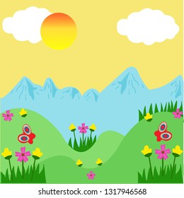 Spring day with beautiful mountain views and flowers