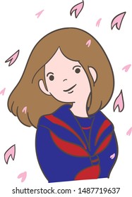 Spring day, cherry blossom petals and schoolgirl