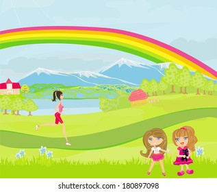 spring day, children playing,  woman running