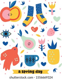 A spring day. Everything you need for you spring day. Apple, cute socks, fresh eyes, strawberries, pear, cup of coffee, bird song, pineapples.