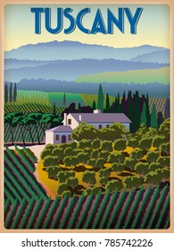 Spring day in Tuscany, Italy. Handmade drawing vector illustration. Poster in the Art Deco style