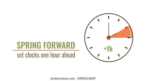 Spring Daylight Saving Time begins banner. Springtime Forward concept in flat style. Set clocks one hour Ahead in March. Hand of alarm turning to Summertime.