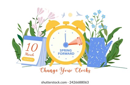 Spring daylight time concept. Clocks are moved forward one hour with calendar date sunday, 10 march, 2024. Schedule banner reminder. Spring Forward positive illustration with alarm clock