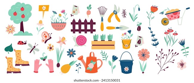 Spring decor and tools mega set in flat design. Bundle elements of trees, flowers, bucket, seeds, watering can, wheelbarrow, rake, pruner, shovel, other. Vector illustration isolated graphic objects