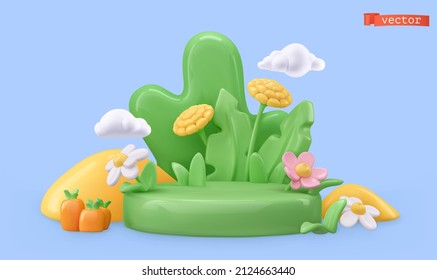 Spring decoration  3d render vector objects  Green grass  chamomile  dandelion cartoon illustration