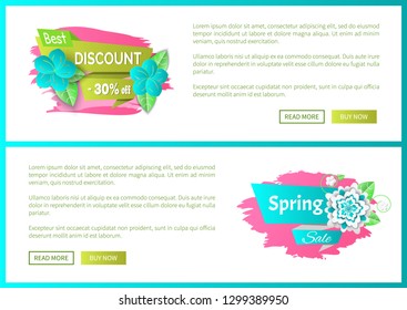 Spring decoration by flowers on web poster with text sample. Best spring discount 30 percent off price banner vector. Special offer proposition seasonal sale