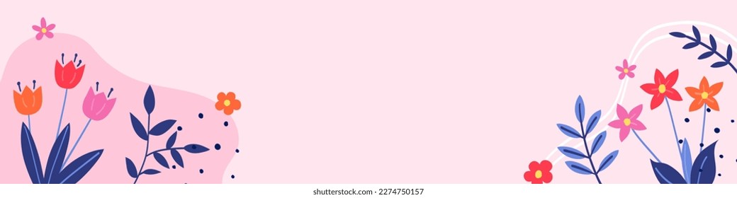 Spring decoration. Floral background with colourful blooming flower and leaves. Banner. Vector illustration