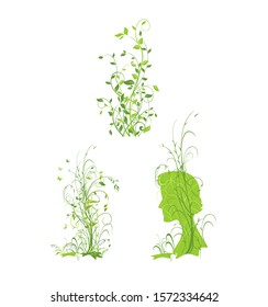Spring decorative beautiful trees collection with woman profile