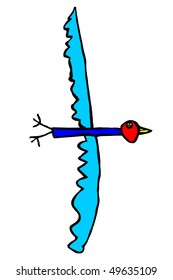 The spring decorative bird with long wings in style children's drawing on a white background is isolated