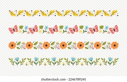 Colección de borde decorativo de primavera. Bordes impecables con elementos florales, hojas y mariposas. Elementos aislados. Ilustración vectorial. Juego 2 de 2.