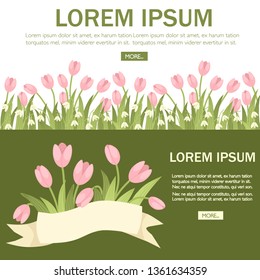 Spring decorative bouquet of pink tulip and galantus with beige ribbon. Green flower pattern, grass. Flat vector illustration on white background. Place for text, web site page and mobile app design.