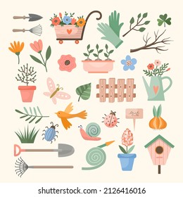 Spring decorative elements. Gardening tools bushes leaves plants branches birds flowers animals recent vector flat illustration for spring time