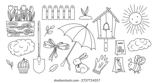 Spring decorative elements set, collection of outline hand drawn simple objects seasonal cottagecore illustration bow, gloves, spade, umbrella, flowers, bunny, seeds, bird house, clouds, sun