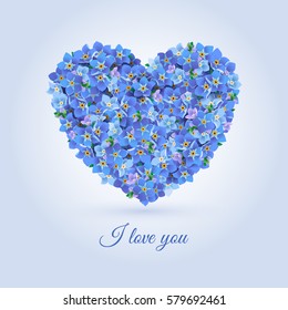 Spring decorative greeting Card vector illustration with a heart of beautiful flowers.  Valentine's Day beautiful Pattern heart shaped of fresh forget-me-not flowers lying on white background.