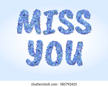 Spring decorative greeting Card vector illustration with a text  miss you of beautiful  forget-me-not flowers. The best for Valentines's Day, Wedding and Birthday design.