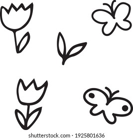 Doodles decorativos de primavera dibujados a mano. Decoración vectorial, patrón, flores y mariposa.
Aislamiento vectorial dibujado a mano sobre fondo blanco.