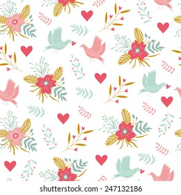 Spring decorative hand drawn seamless pattern with cute lovely birds and flowers. Template for design valentine's scrapbooking and wrapping, textile, greeting cards, packages, backgrounds.