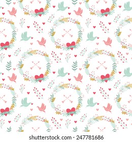 Spring decorative hand drawn seamless pattern with cute lovely birds and flowers. Template for design valentine's scrapbooking and wrapping, textile, greeting cards, packages, backgrounds.