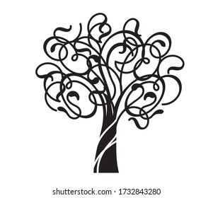 Spring decorative Tree of Life. Silhouette shape with Leaves. Vector outline Illustration. Plant in Garden. Royalty free vector object.