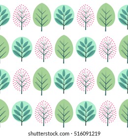 Primavera árvores decorativas padrão sem costura. Fundo de natureza bonito com folhas verdes. Ilustração vetorial florestal estilo escandinavo. Design para têxtil, papel de parede, tecido.