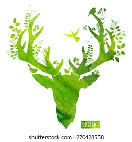 Spring deer. watercolor silhouette. vector illustration isolated on white