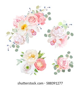 Spring delicate bouquets vector design objects. Peachy and pink roses, peony, carnation, orchid, white poppy, ranunculus flowers, eucalyptus. All elements are isolated and editable