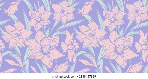 Spring delicate colors floral seamless pattern with hand drawn flowers narcissus. Pastel floral vector swatch in calm tones. Elegant design for textile, fabric, wallpaper, packaging. 