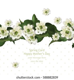 Spring delicate flowers bouquet card background. Beautiful Postcard for Weddings, Birthday, Anniversary. Vector illustration