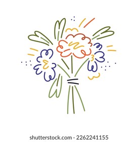 Spring delicate flowers bunch. Floral bouquet, blooming wildflowers. Blossomed summer posy, plants with petals, leaf. Stylized lineart colored flat vector illustration isolated on white background
