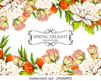 Spring delight collection. Delicate invitation card of beautiful flowers. Easy to edit. Perfect for invitations or announcements.