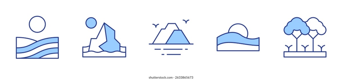 primavera, deserto, geleira, árvore, ilha. Ilustração do vetor de ícone Paisagem. Estilo Duotônico da Linha. Traçado editável.