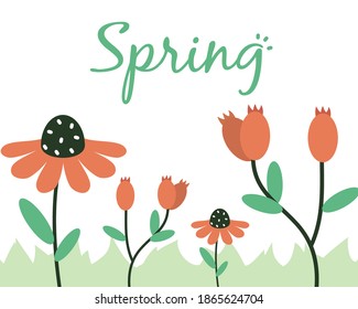 spring design with beautiful flowers and grass over white background, half line half color style, vector illustration